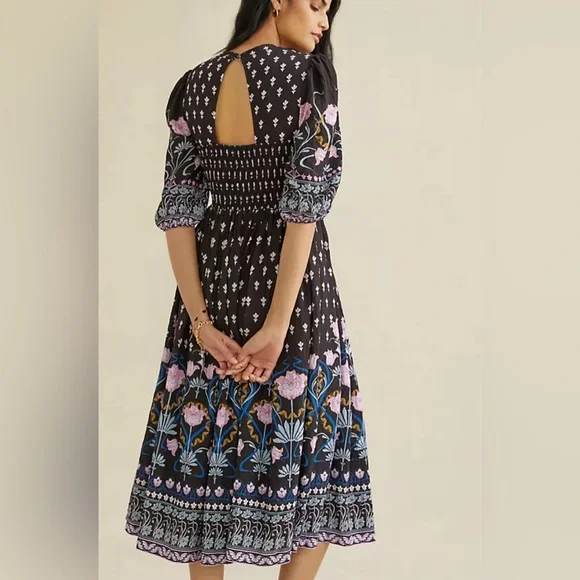Anthropologie Dasha Smocked Midi Floral Tie Bohemian Dress Size Large - Picture 1 of 17